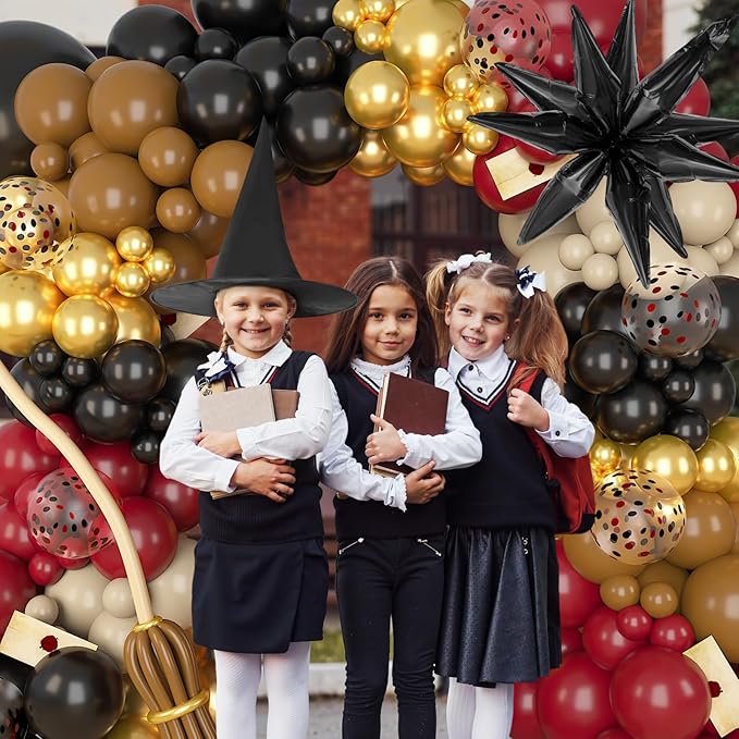 Amandir Magical School Balloons Arch Garland Kit, Maroon Burgundy Black Gold Confetti Balloons with Witch Hat Foil Star Balloon for Magic Themed Birthday Decorations Baby Shower Party Supplies