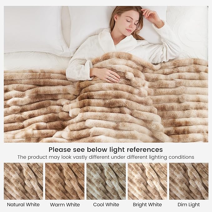 Cozy Bliss Faux Fur Throw Blanket for Couch, Cozy Warm Plush Striped Blanket for Sofa Bedroom Living Room, 60 * 80 Inches Tie-dye Kahki