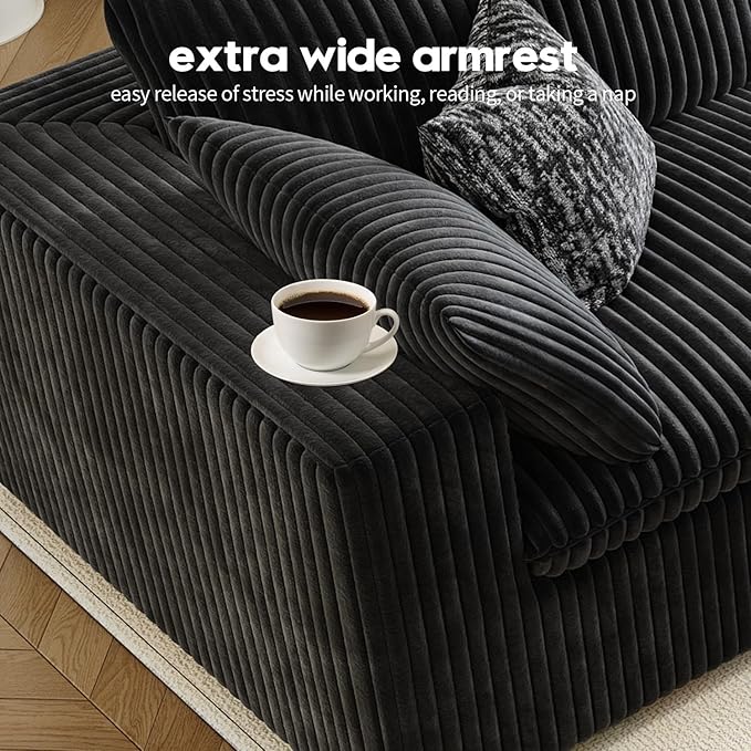 118" Cloud Couch Oversized Modular Sectional Sofa for Living Room,Modern Sofa with Deep Seat，V Shaped Boneless Couch,Comfy Upholstered Corduroy Couches for Apartment, Studio, Office,Bedroom，Black