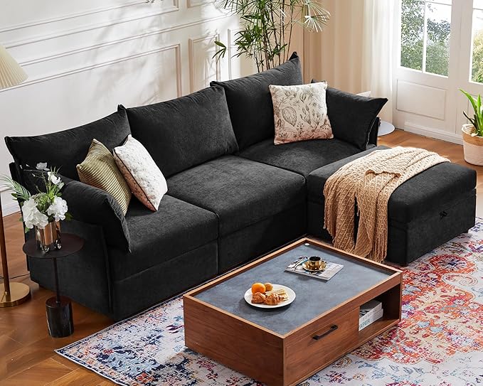 102.6" Modular Sectional Sofa, L Shaped Couch Set for Living Room, 3-Seater Comfy Cloud Couches with Movable Storage Ottoman,DIY Combination - Chenille Black