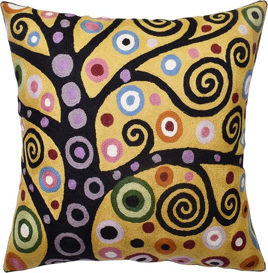Klimt Yellow Tree of Life Pillow Cover Gold Floral Pillowcase Flower Botanical Gold Accent Suzani Sofa Cushions Kids Room Cushions Hand Embroidered Wool Size - 18x18