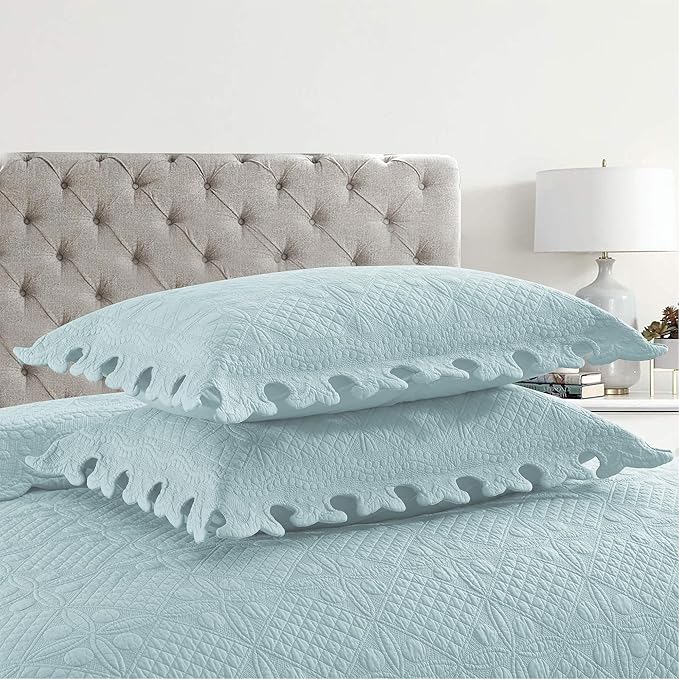 MarCielo 3-Piece 100% Cotton Oversized Bedspread Lightweight Quilt Coverlet Embroidery Farmhouse Bedding Set (TW Mint Green Blue, Oversized Queen (100"x106"))
