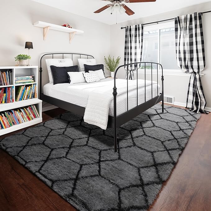 Area Rugs for Living Room, 5x8 Fluffy Grey and Black Bedroom Geometric Rug | - Image 7