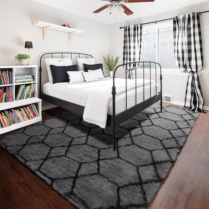 7x9 Area Rugs for Living Room Bedroom, Fluffy Grey and Black Geometric Rug | - Image 8