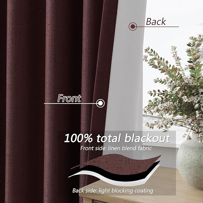 Guken Reddish Brown 100% Blackout Linen Curtains 120 Inch Length 2 Panels Set - Image 5