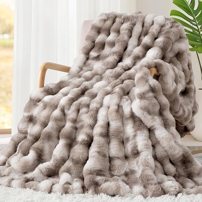 Luxury 1000GSM Rabbit Faux Fur Blanket, Super Heavy Warm Cozy Brown Blankets by TOUCHAT
