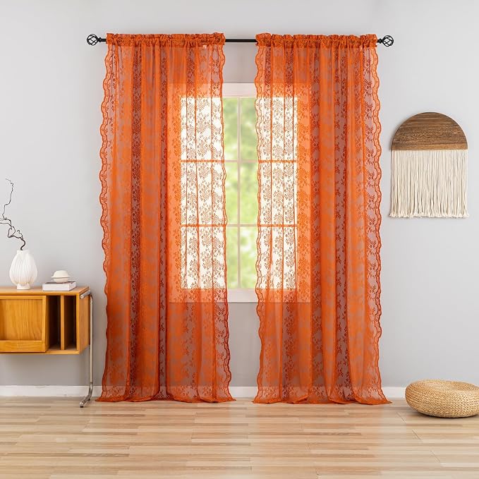 YJ YANJUN Vintage Lace Curtains 96 Inches Long- Rust Floral Terracotta Bay - Image 2