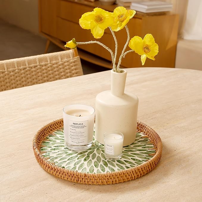 Round Rattan Tray with Mother of Pearl Inlay & Wooden Base - Decorative Wicker Serving Tray for Coffee/Bread/Fruits, Food Storage & Display - Multipurpose Home Decor (M,Green Leaves)