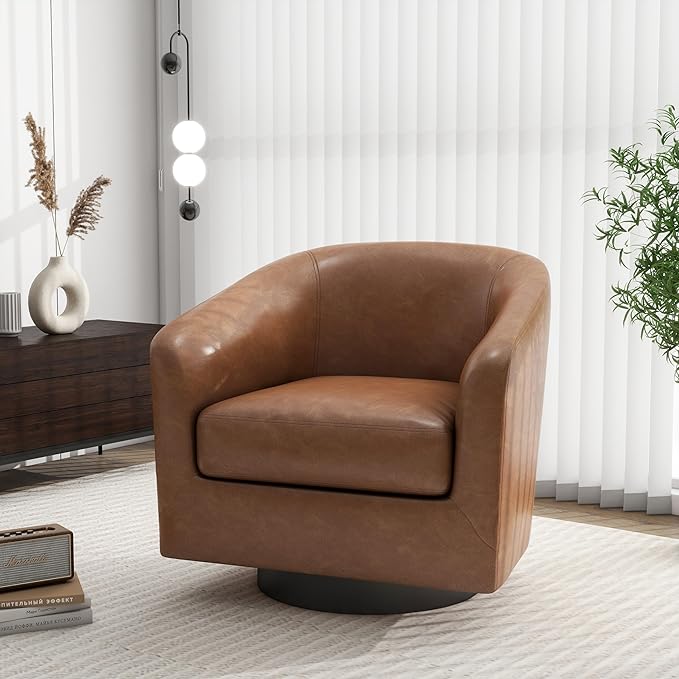 Swivel Barrel Accent Chair, Modern Round Faux Leather Arm Chair for Living Room, Bedroom, Comfy Club Reading Chairs for Adults-Faux Leather, Brown, Set of 1