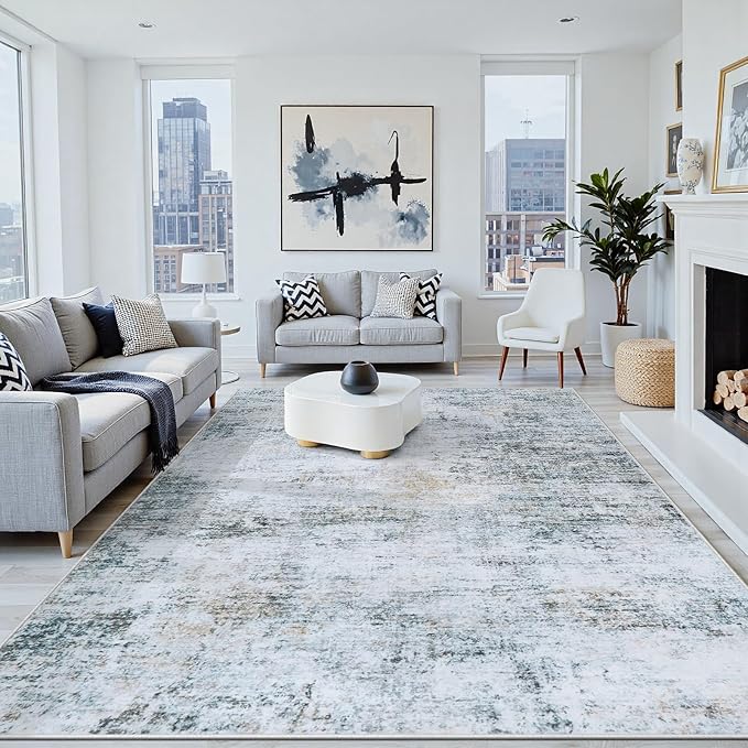 9x12 Washable Area Rug for Living Room Bedroom: Non-Slip Modern Blue Grey | by Oriannal