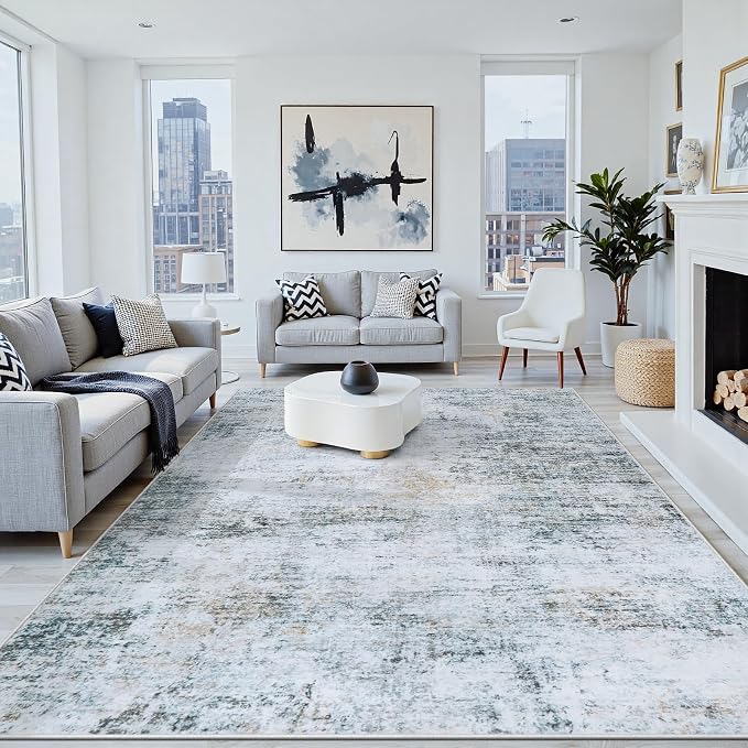 10x12 Washable Area Rug for Living Room Bedroom: Non-Slip Modern Blue Grey | - Image 8