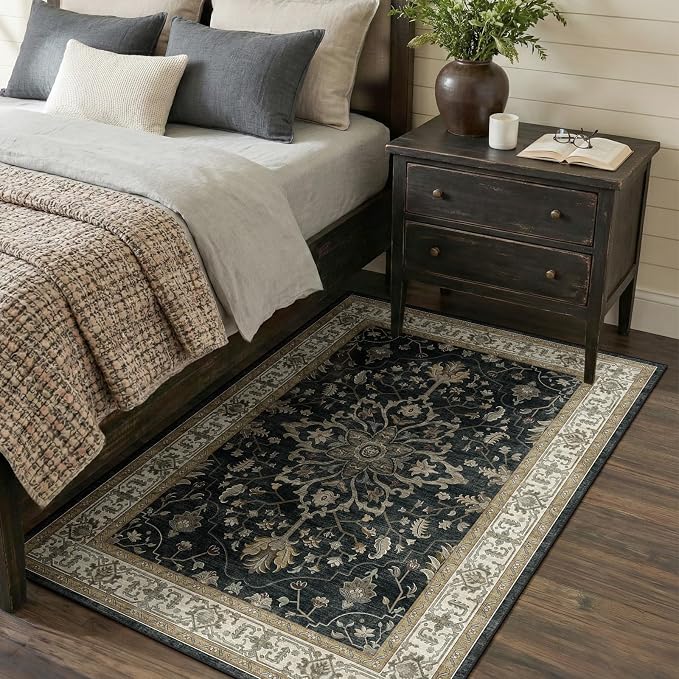 Area Rugs 3'x5' Washable Non-Slip, Floral Vintage Distress Print Pattern by RELEANY