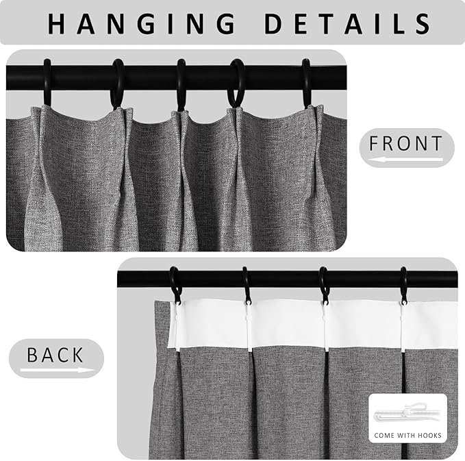 Macochico Pinch Pleated Full Blackout Curtains for Bedroom Living Room Gray Linen Curtains Thermal Insulated and Noise Reducing Window Panels with Tieback Shabby Chic Decor 84”Wx84”L 1 Panel