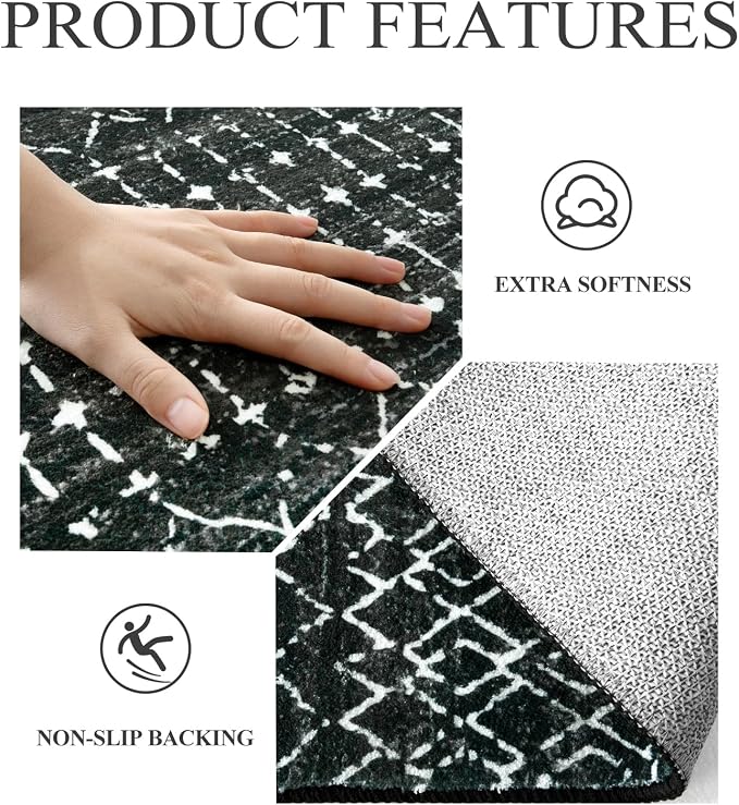 Lahome Moroccan Black Area Rug Non-Slip Low-Pile Washable Entryway Rug Kitchen - Image 5