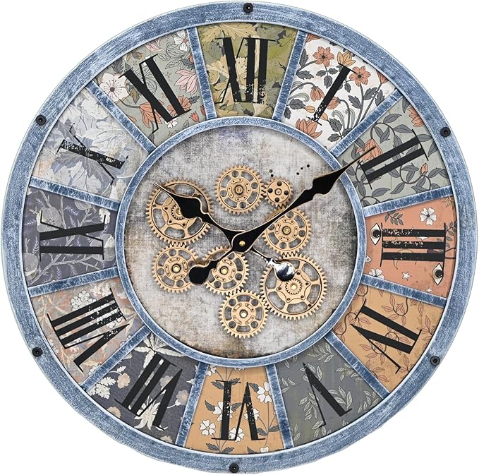Unique Moving Gear Large Round Wall Clock 21inch-Battery Powered. Retro Industrial Steampunk Country Farmhouse Decor for Living Room Kitchen Bars cafes Offices(Blue/metal/21)