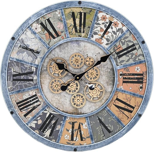 Unique Moving Gear Large Round Wall Clock 21inch-Battery Powered. Retro Industrial Steampunk Country Farmhouse Decor for Living Room Kitchen Bars cafes Offices(Blue/metal/21)