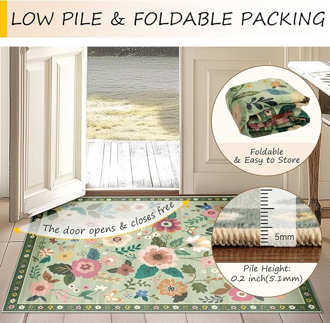 Floral Washable 2x8 Area Rugs Runner Entryway Hallway LightGreen | Flower - Image 5