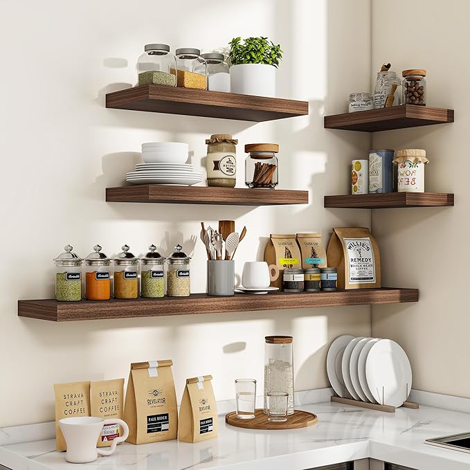 24 Inch Floating Shelves, 24"x9.25"x1.5" Inch Deep Floating Shelves for Wall, Wooden Shelves for Bathroom, Bedroom, Living Room, Walnut