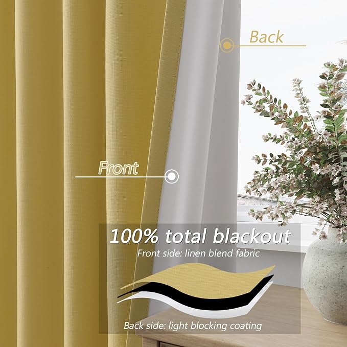 Guken Yellow 100% Blackout Curtains 102 Inch Length 2 Panels Set - Image 3