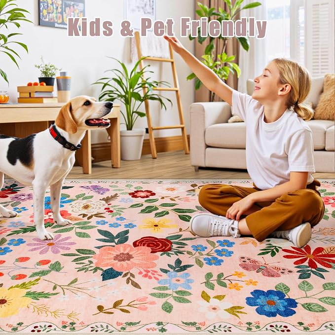 PLHXFR Area Rug 9x12 Living Room: Floral Washable Boho Soft Carpet Beige | - Image 7