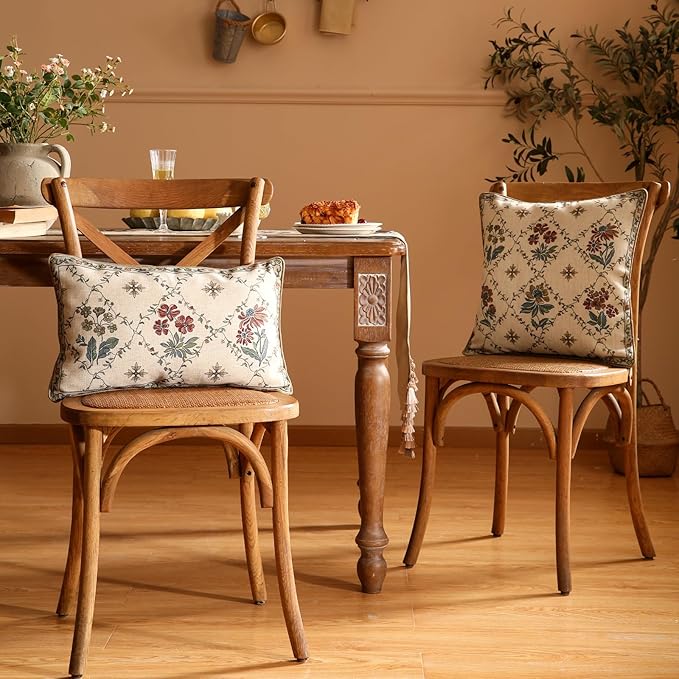 patdrea Designer Throw Pillow Covers Set of 4,Euro Vintage Light Brown Linen with Floral Collection Pattern Pillow Cover,Decorative Square Lumbar Round Pillowcases Cushion for Bed Living Room Car