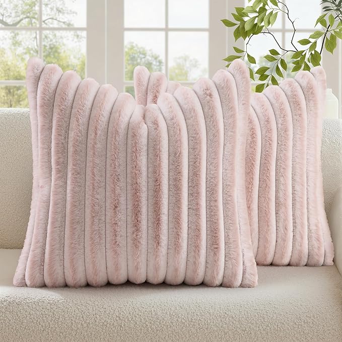 decorUhome Fall Faux Fur Throw Pillow Covers 22x22 Set of 2 Pink White | by decorUhome