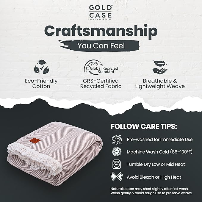 Gold Case Throw Blanket for Bed – 100% Recycled Turkish Cotton Bed Blanket – Decorative Throw Cotton Blankets for Living Room & Bedroom – Elegant Beige Woven Queen Blankets – 90x90