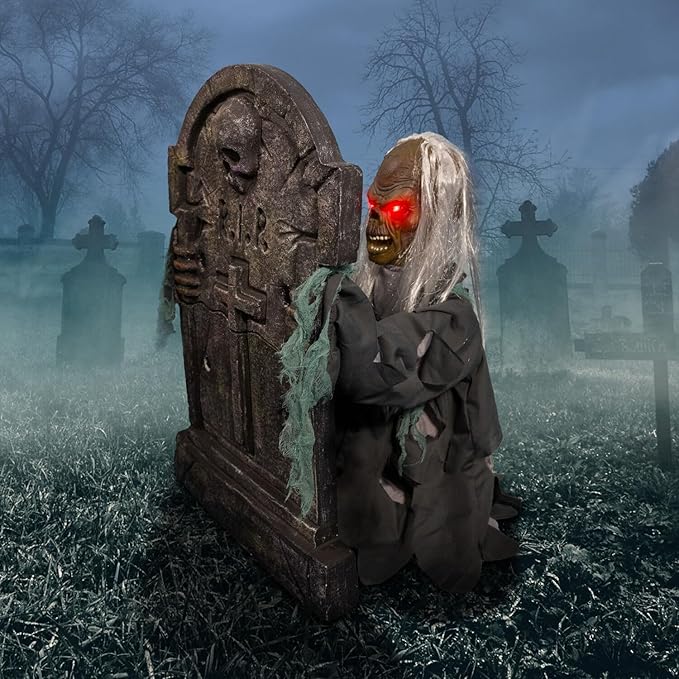 Haunted Hill Farm Tombstone Lifter by Tekky, Battery-Operated, Sound Activated Animatronic Zombie with Sound Effects and Lights for Indoor or Covered Outdoor Creepy Halloween Decoration
