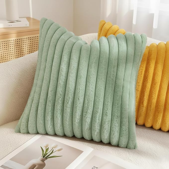 decorUhome Fall Faux Fur Throw Pillow Covers 22x22 Set of 2 Sage Green | - Image 4