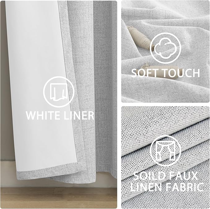 Yakamok White Linen Curtains 100% Blackout 90 Inches Long, Room Darkening - Image 6