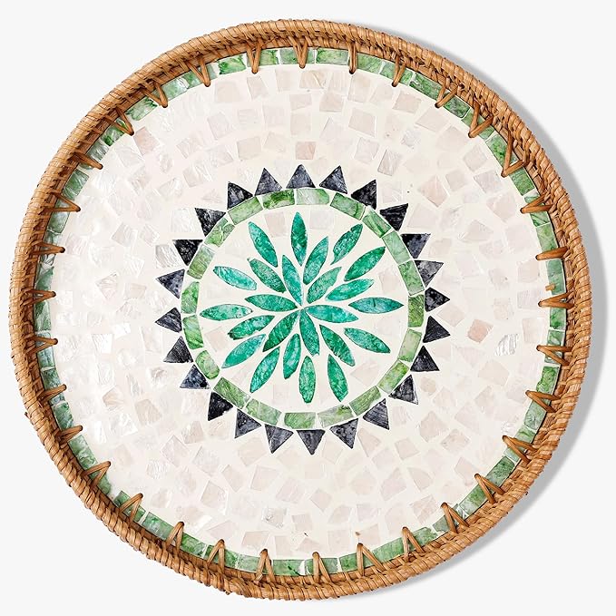 Round Rattan Tray with Mother of Pearl Inlay & Wooden Base - Decorative Wicker Serving Tray for Coffee/Bread/Fruits, Food Storage & Display - Multipurpose Home Decor (M,Bohemia)