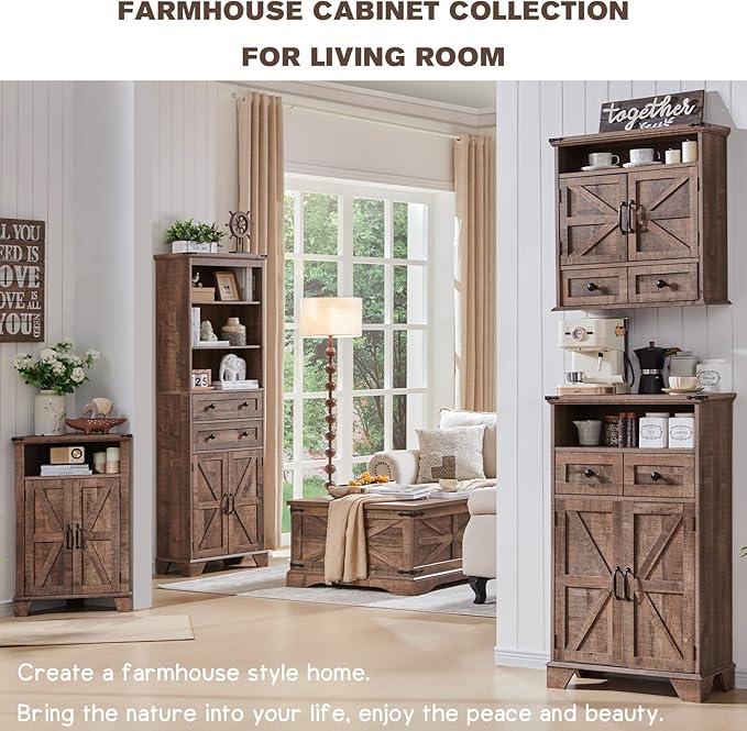 Bathroom Floor Cabinet, Farmhouse 24" Wide Cabinet with Drawer, Adjustable Shelf, Barn Doors, Cabinets for Bathroom, Kitchen, Living Room, Rustic Brown