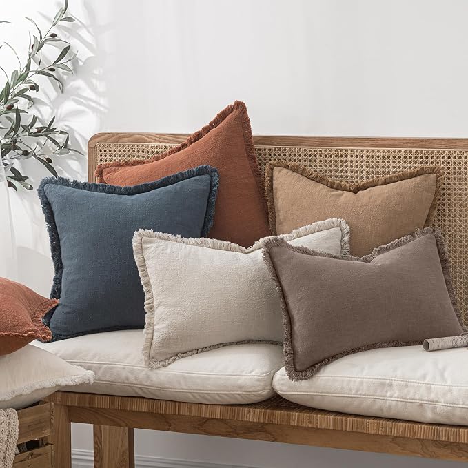 MIULEE Linen Fringe Decorative Fall Euro Pillow Covers Malt Ball 24x24 | Set of - Image 7