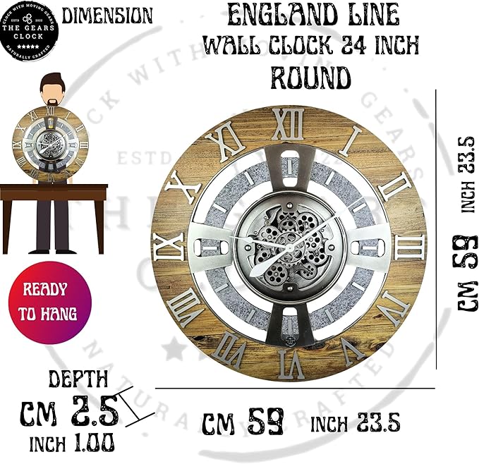 The Gears Clock 24'' Inch Real Moving Gear Wall Clock England Line (Grey & White, 24 inches (60 cm))