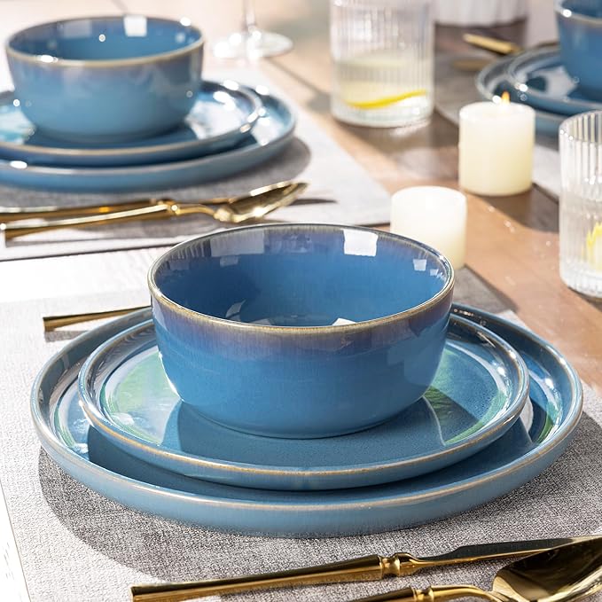 GBHOME Ceramic Dinnerware Sets for 4, 12 Pieces Stoneware Plates and Bowls Sets, Reactive Glaze Dishes -Scratch Resistant, Dishwasher&Microwave Safe-Alaskan Blue
