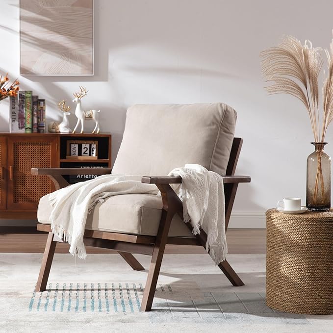 Wahson Mid Century Armchair, Accent Armchair, with Wood Frame and Canvas Cushions, Leisure Slipper Chair for Living Room/Bedroom, Beige