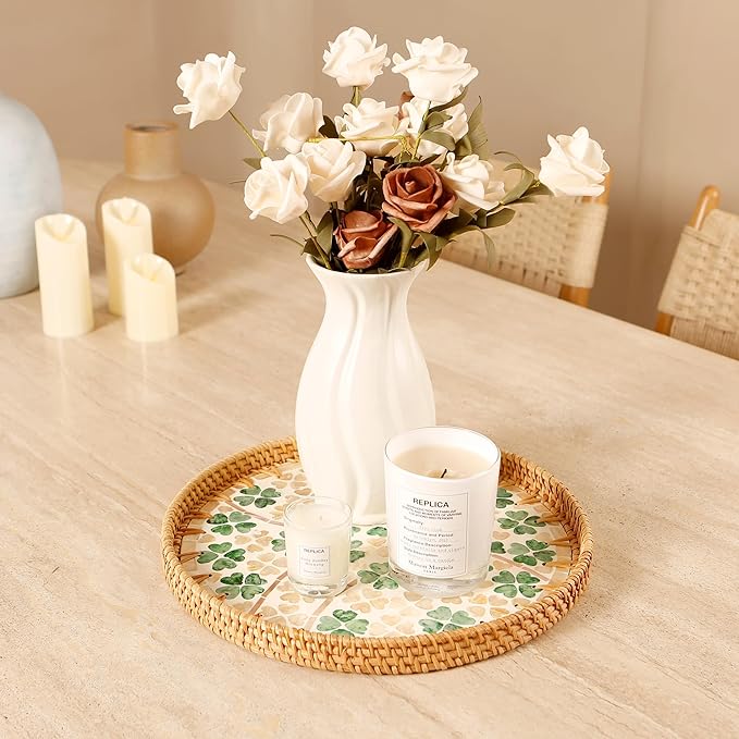 Round Rattan Tray with Mother of Pearl Inlay & Wooden Base - Decorative Wicker Serving Tray for Coffee/Bread/Fruits, Food Storage & Display - Multipurpose Home Decor (M,Four-Leaf Clover)