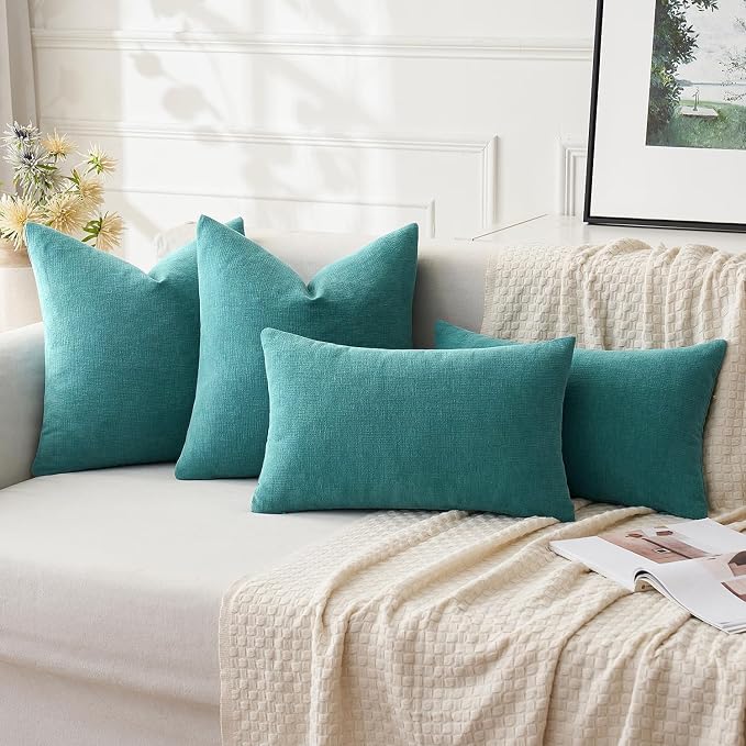 MIULEE Teal Chenille Couch Lumbar Throw Pillow Covers, 12x20 | Set of 2 - Image 2