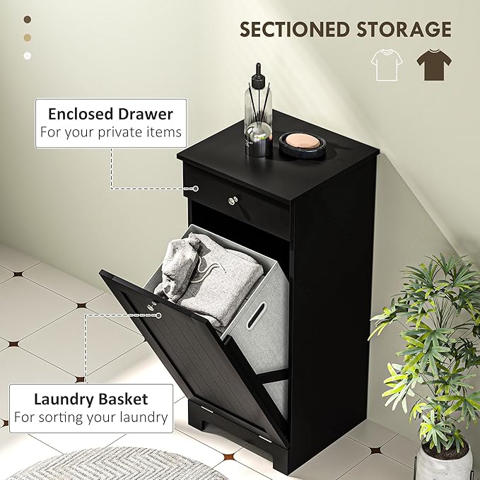 HOMCOM Laundry Hamper with Removable Basket, Tilt Out Hamper with Drawer and Beadboard Door, Bathroom Storage Cabinet, Black