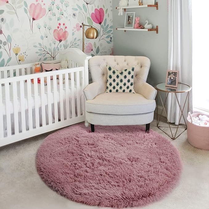 Blush Fluffy Round Rug 5Ft for Bedroom, Fuzzy Plush Circle Area Rugs for Baby - Image 5