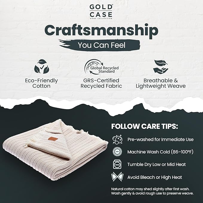 Gold Case Throw Blanket for Couch – 100% Recycled Turkish Cotton Blankets & Throws – Elegant Decorative Throw Blankets for Living Room Sofa – Woven Throws for Couch – Vintage Beige – 50x60