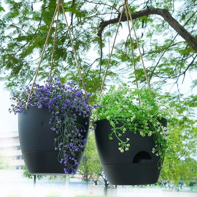 10 Inch Self Watering Hanging Pots, 2 Pack Hanging Planters with 40oZ Deep Reservior for Indoor Outdoor Plants Flowers, Black
