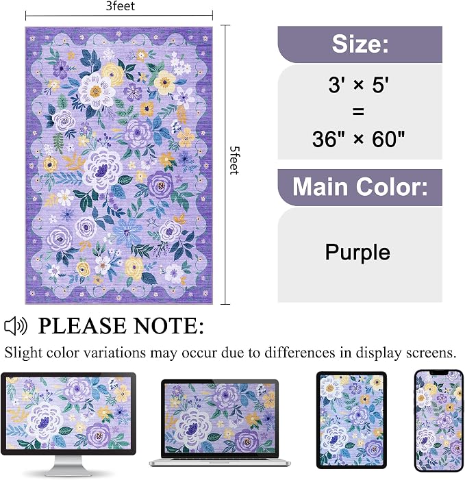 DUKINO 3x5 Area Rug, Floral Washable Rug - Image 2