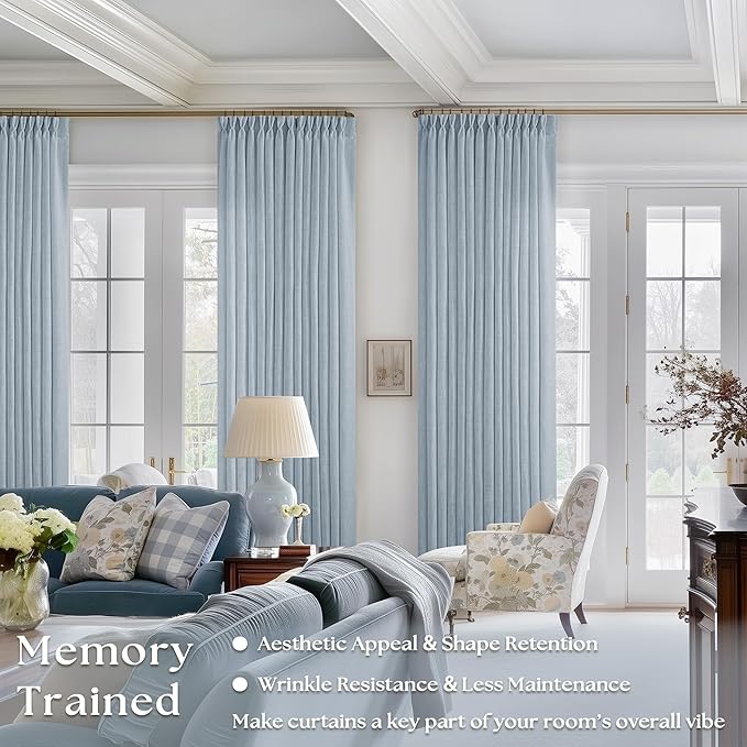 Extra Long Dusty Blue Linen Curtains 120 Inches Long 2 Panels | Coastal Sky Blue - Image 2