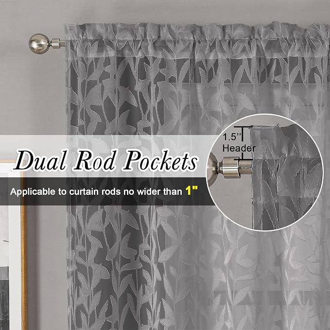 Lecloud Leia Living Room Charcoal Grey Sheer Curtains 84 Inches Long 2 Panels - Image 2
