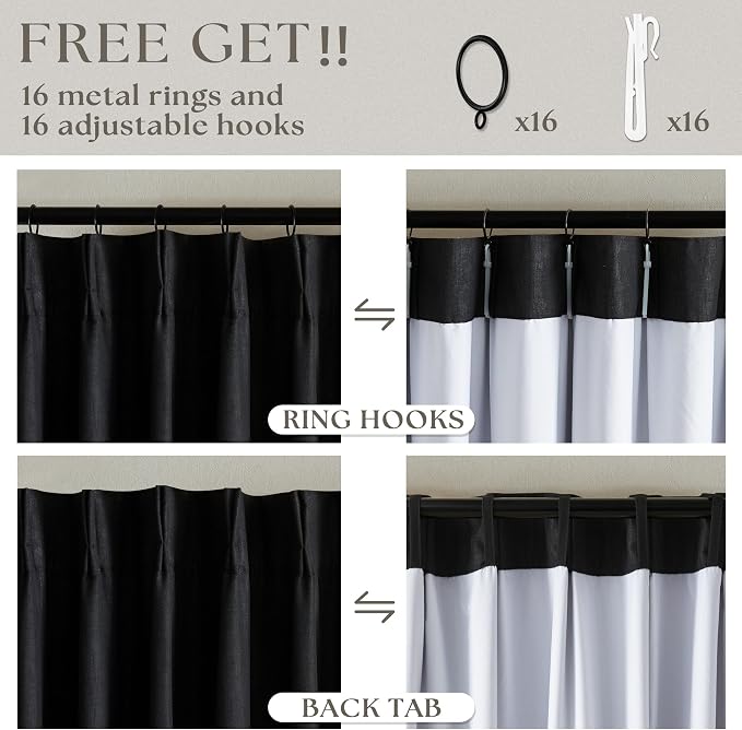 Black 63 Inch Length Blackout Pleated Linen Curtains - Image 6