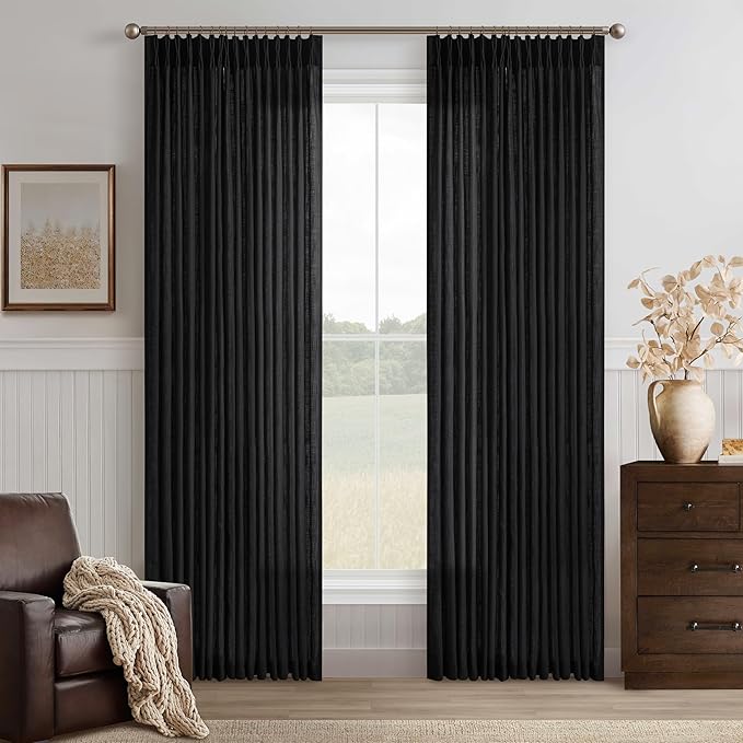 120 Inch Long Black Pinch Pleat Linen Light Filtering Curtains 50 Inch Wide | by Twodrapes