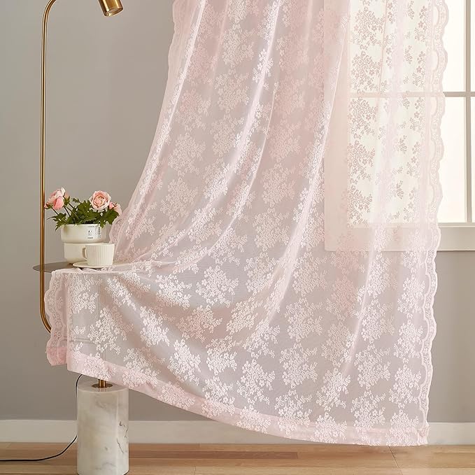 YJ YANJUN Vintage Lace Curtains Pink Boho Floral 80 Inch Curtains - Image 5