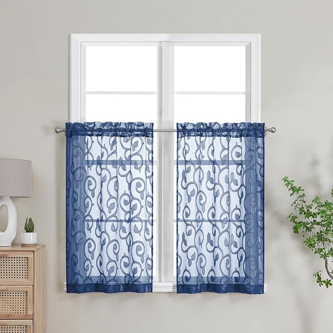 Furman Blue Sheer Curtains Tiers 36 inch Length, Light Filtering Soft Airy by OWENIE