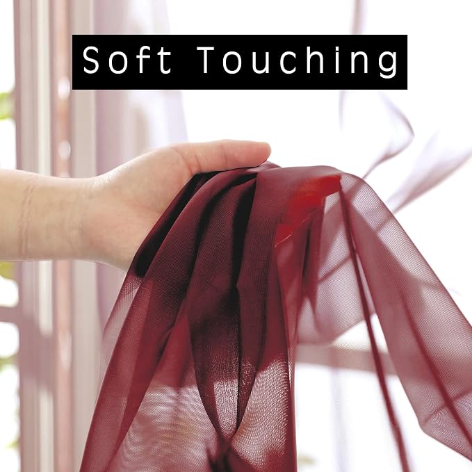 Burgundy Red Sheer Curtains 72 Inches Long 2 Panels Set, Transparent Voile - Image 4